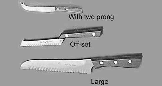 CHEESE KNIFE STAINLESS STEEL, W/TWO PRONG BLADE LENGTH 105MM